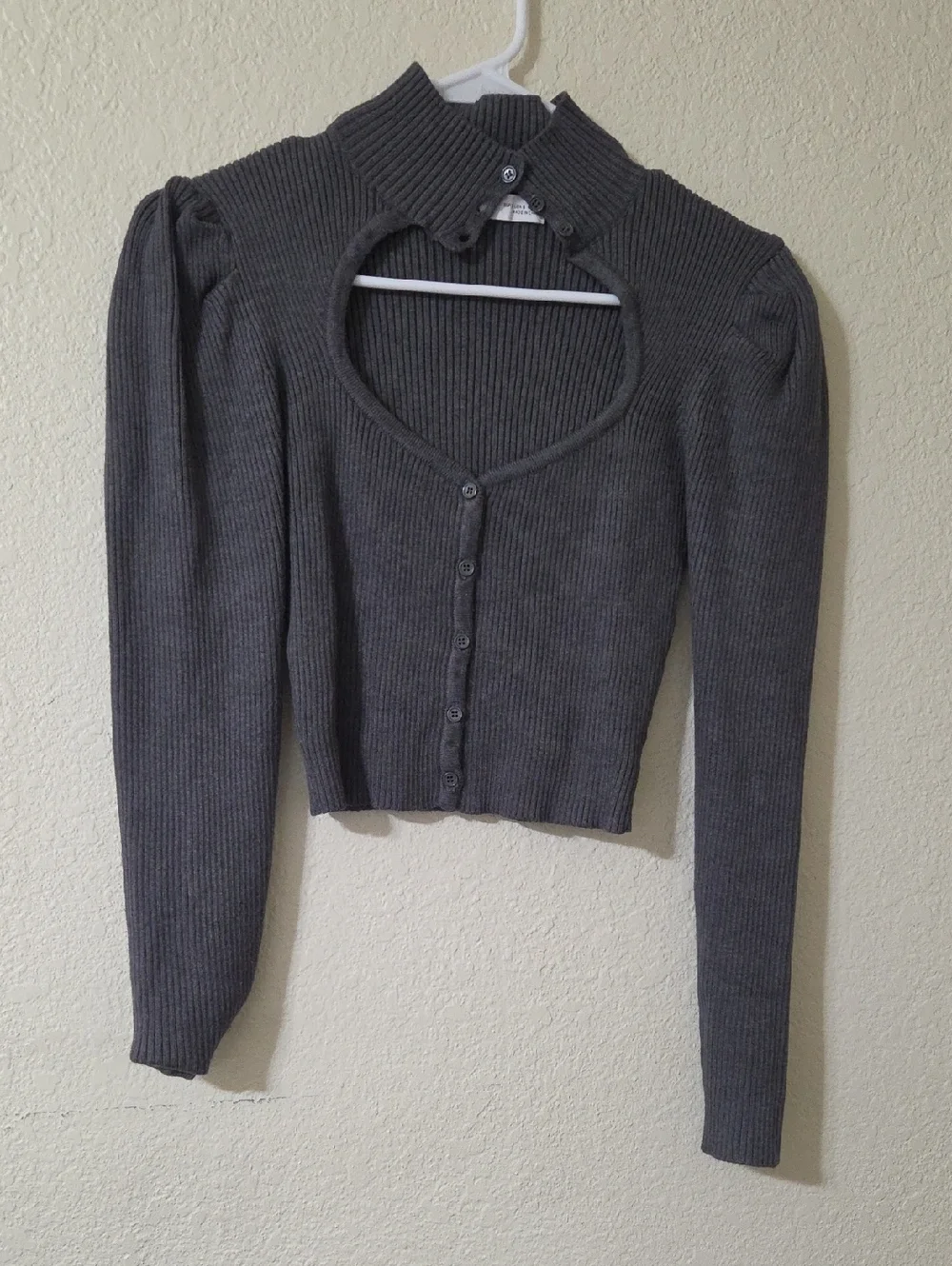 Zara Charcoal Gray Ribbed Heart Cutout Cardigan - Picture 1 of 7